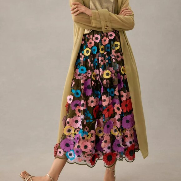 Anthropologie Floral Appliqué Skirt